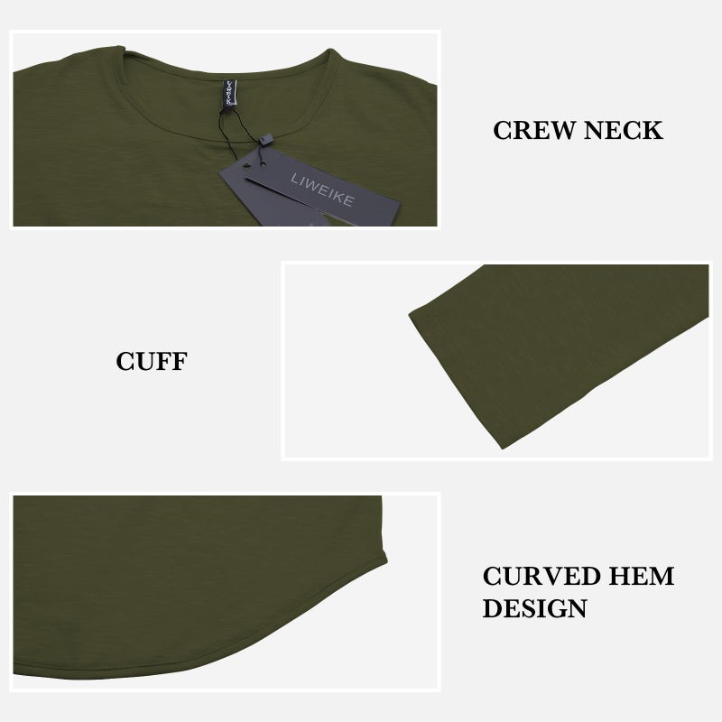 LIWEIKE Mens Solid Extended Hipster Hip Hop Swag Curve Hem Long Sleeve T Shirt (Army Green, Medium) - Image 3